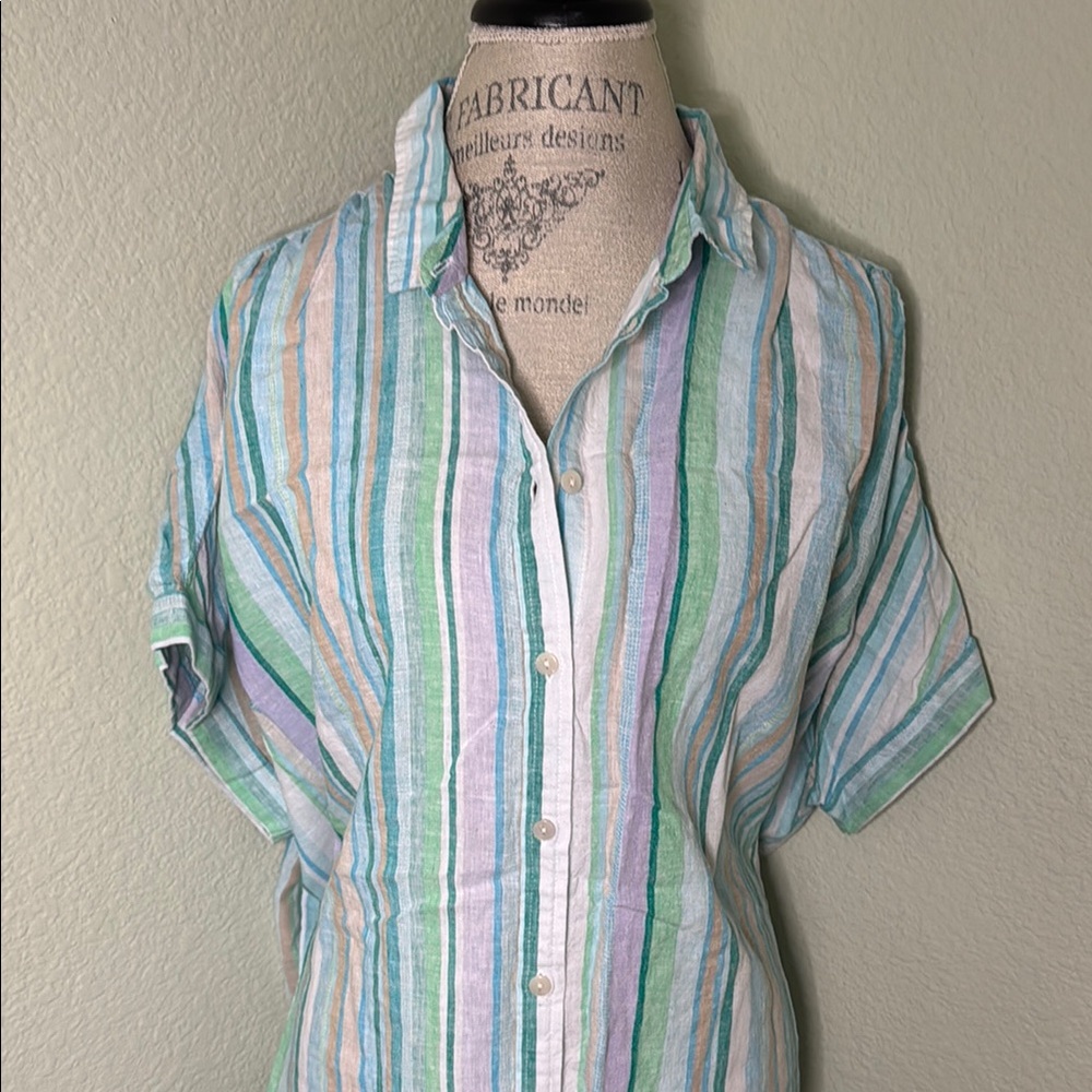 Linen Striped Short Sleeve Button-Up Shirt - Picture 2 of 7